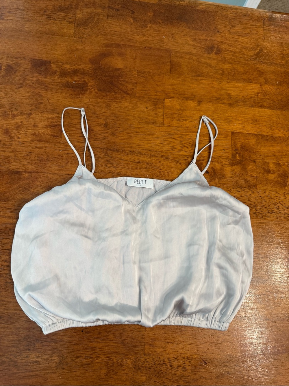 RESET by Jane Bubble Cropped Cami top Light Silver Satin size small silky amore